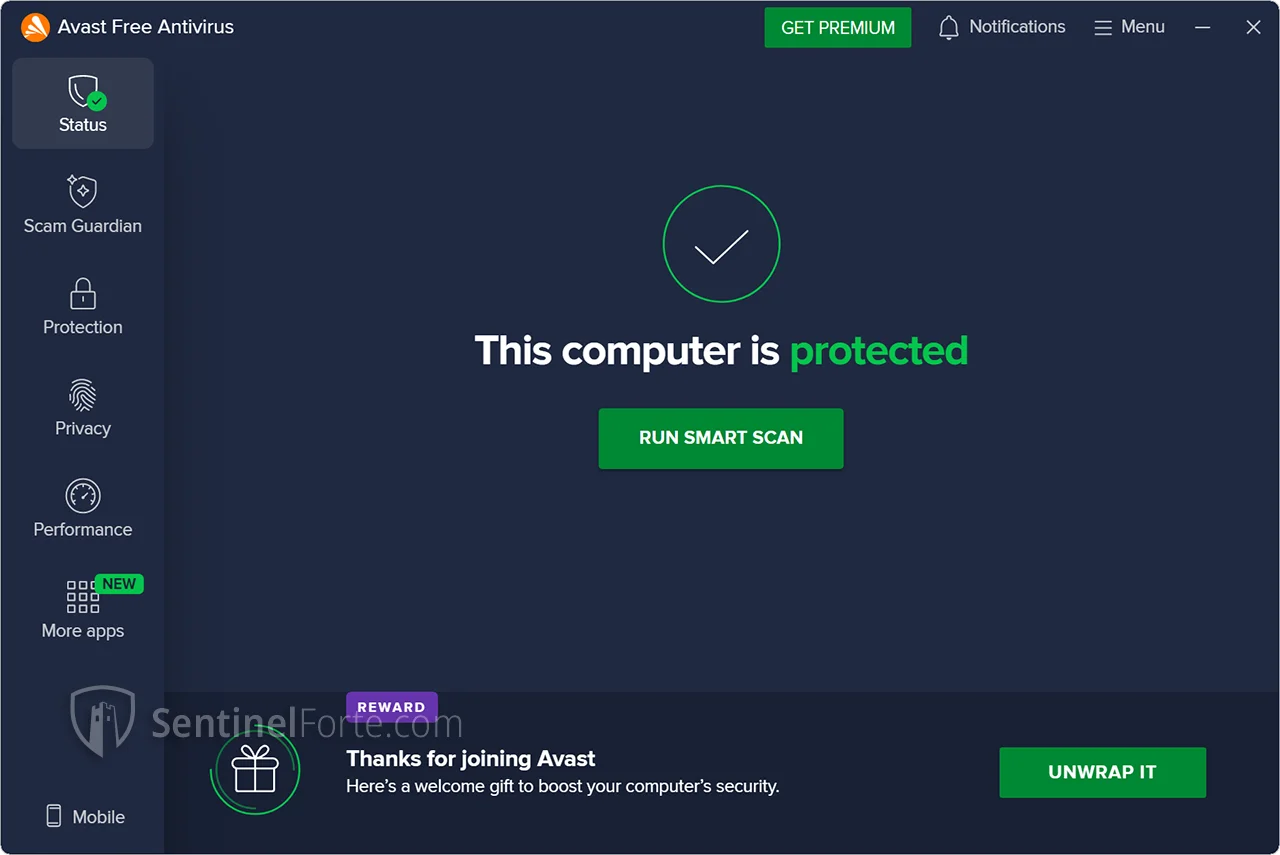 Avast Free Antivirus 2025 dashboard screenshot showing protection status and scan button