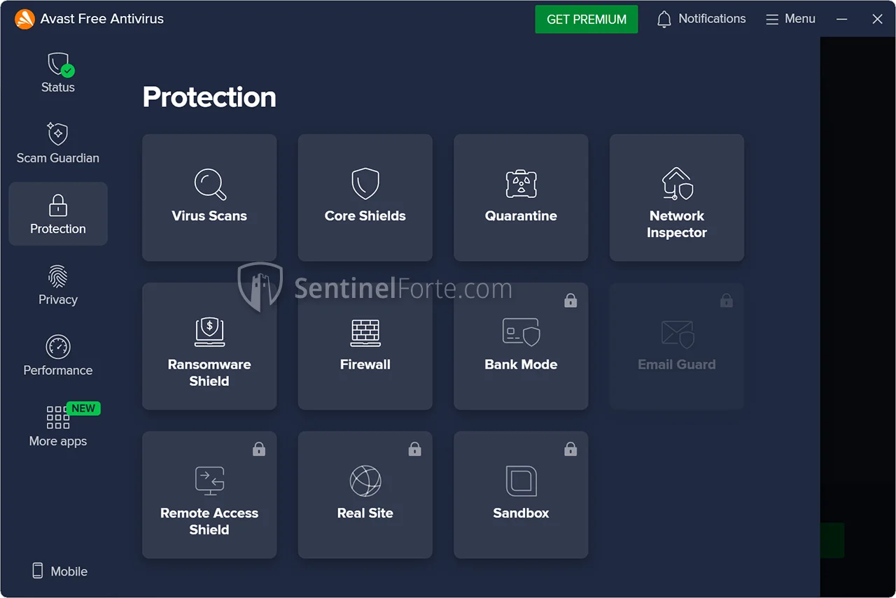 Avast Antivirus 2025 full interface screenshot showing all menu options and dashboard layout