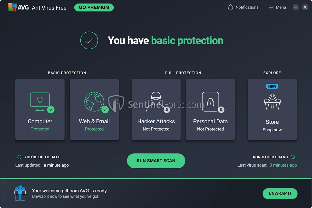AVG Free Antivirus 2025 dashboard screenshot showing protection status