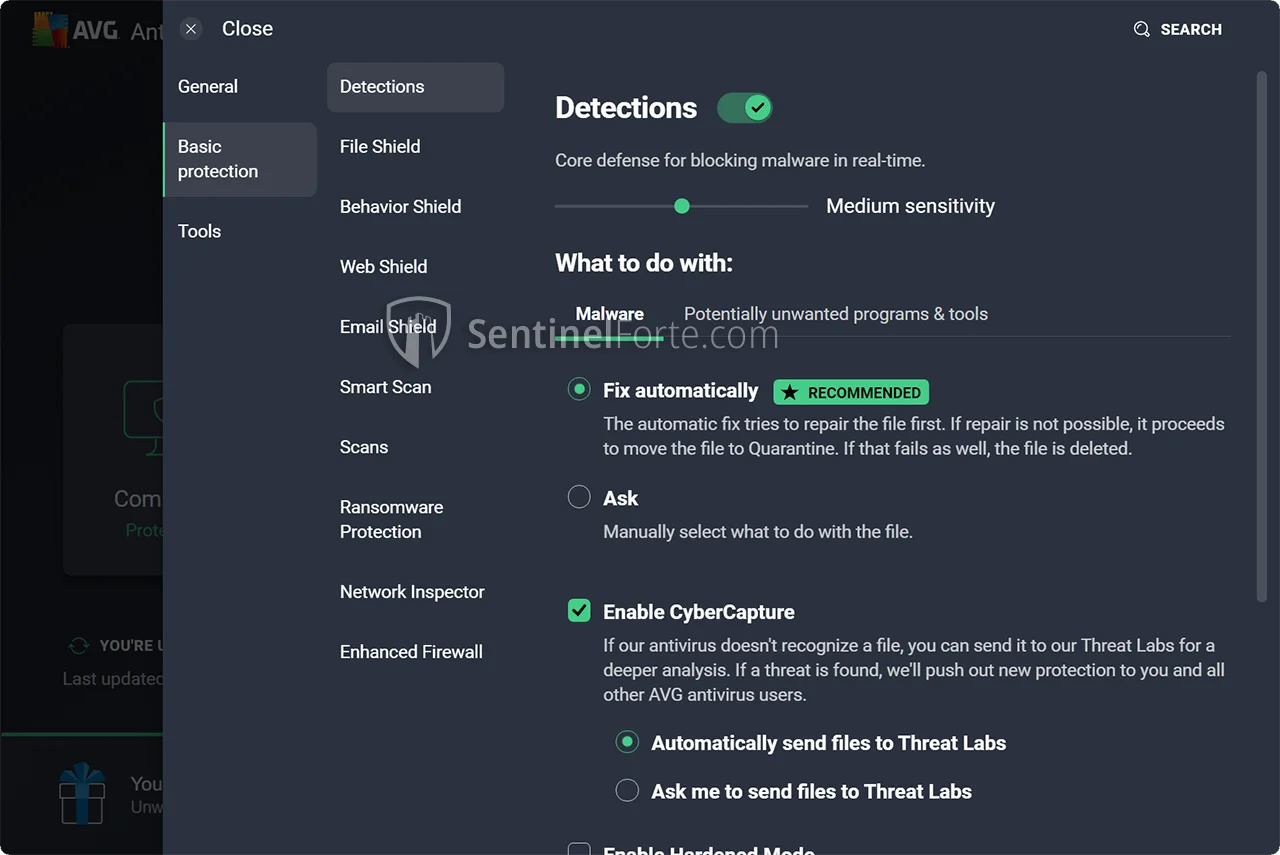 AVG Free Antivirus 2025 protection settings screenshot