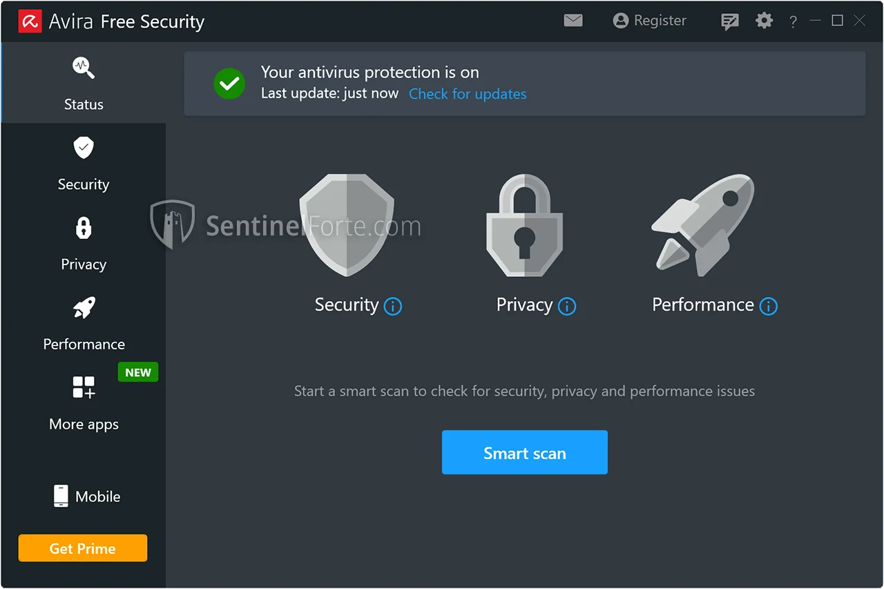 Avira Free Antivirus 2025 screenshot showing protection status 