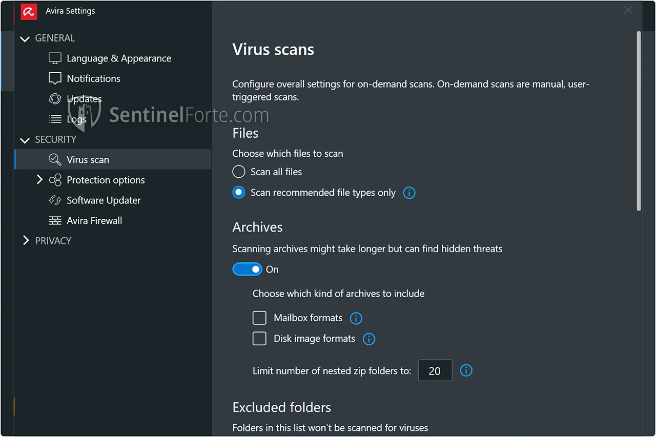 Avira Free Antivirus 2025 settings screenshot