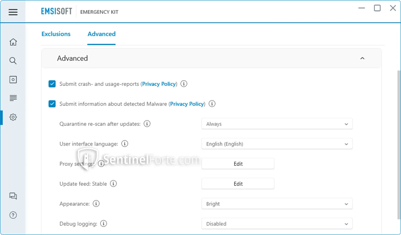 Emsisoft Emergency Kit 2025 settings screenshot