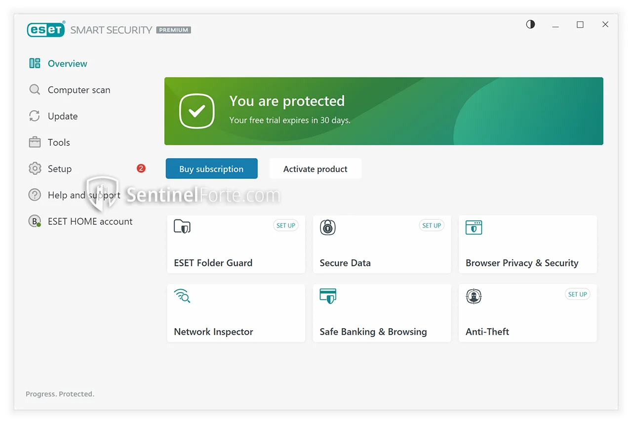 ESET NOD32 Antivirus 2025 dashboard screenshot showing protection status