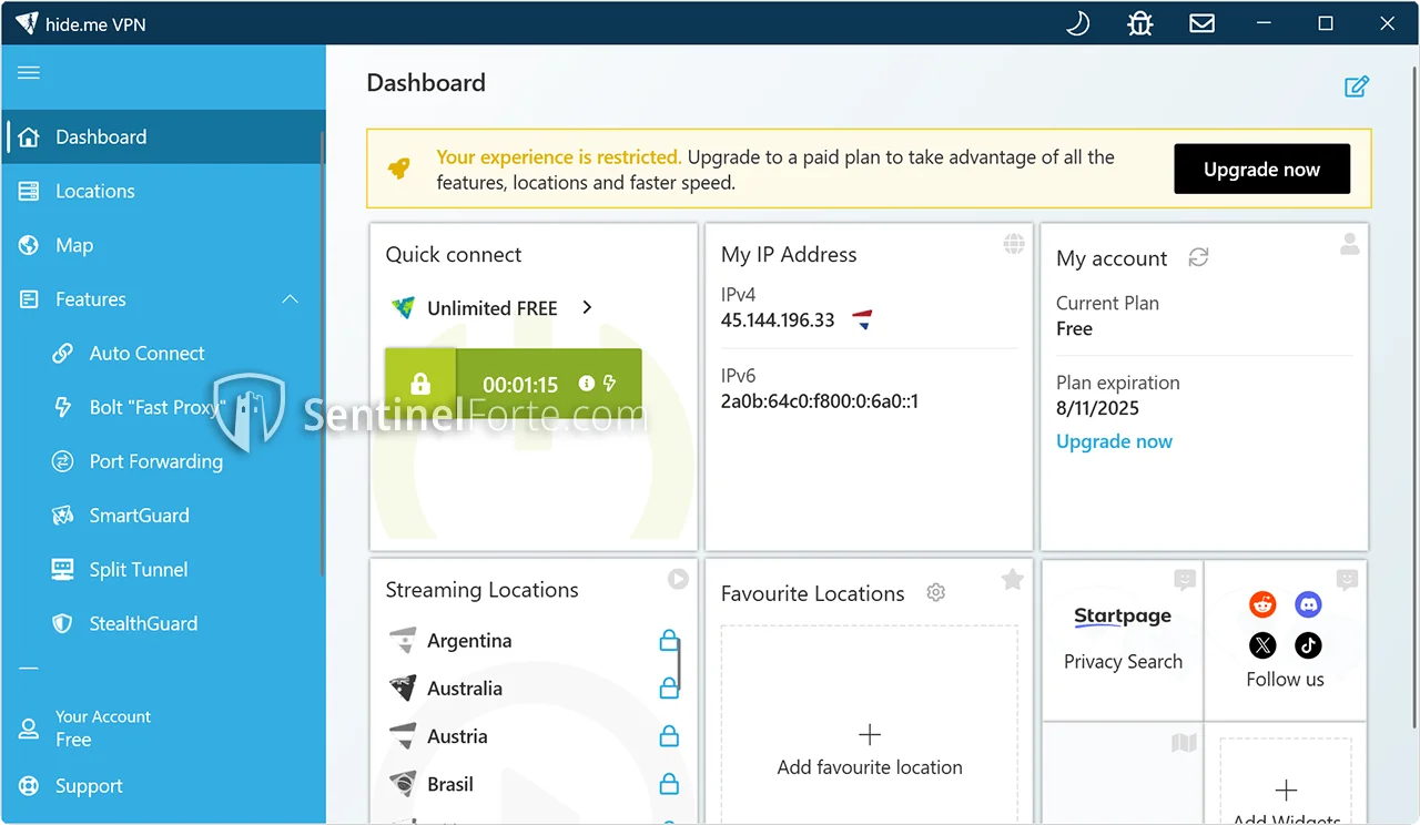 Hide.me VPN Free 2025 dashboard screenshot