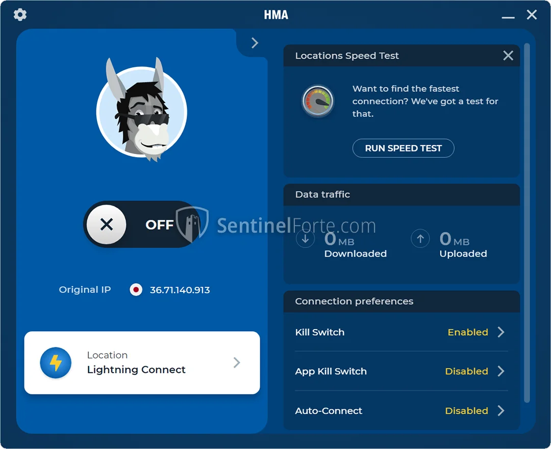 HMA VPN Free 2025 dashboard screenshot showing quick connect interface