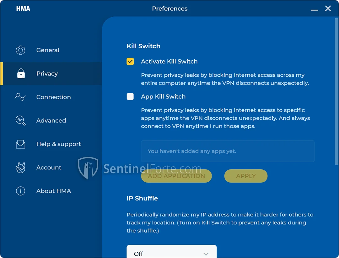 HMA VPN Free 2025 Privacy settings screenshot