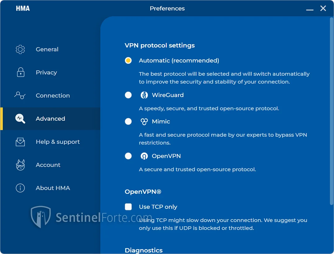 HMA VPN Free 2025 Advanced settings screenshot