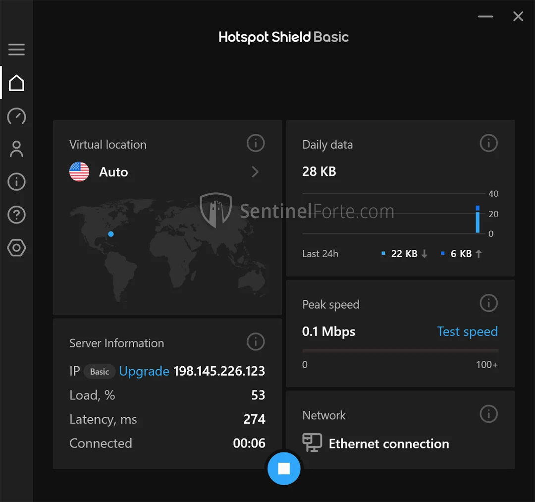 Hotspot Shield Free VPN 2025 dashboard screenshot showing quick connect interface