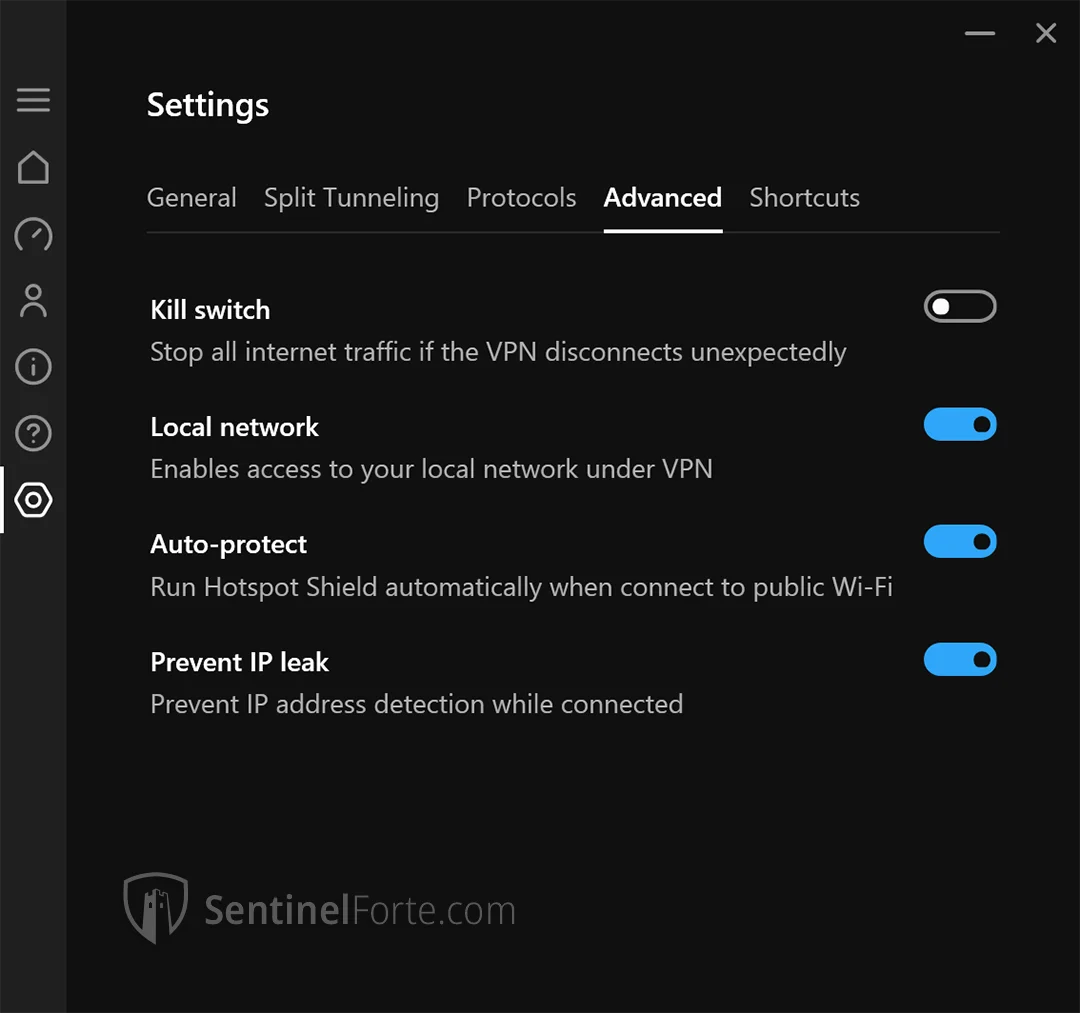 Hotspot Shield Free VPN 2025 configuration panel screenshot