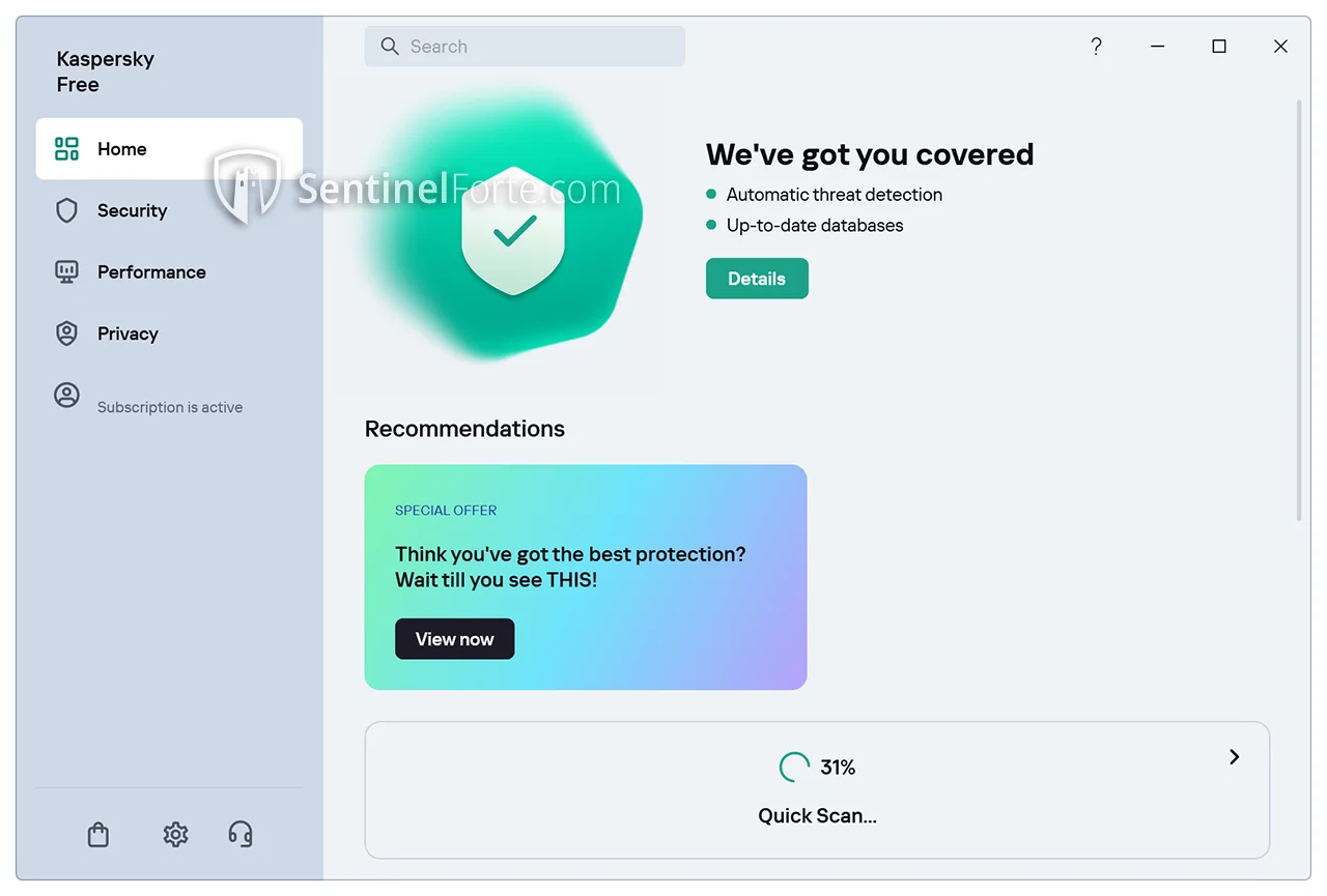 Kaspersky Free Antivirus 2025 dashboard screenshot showing real-time protection status