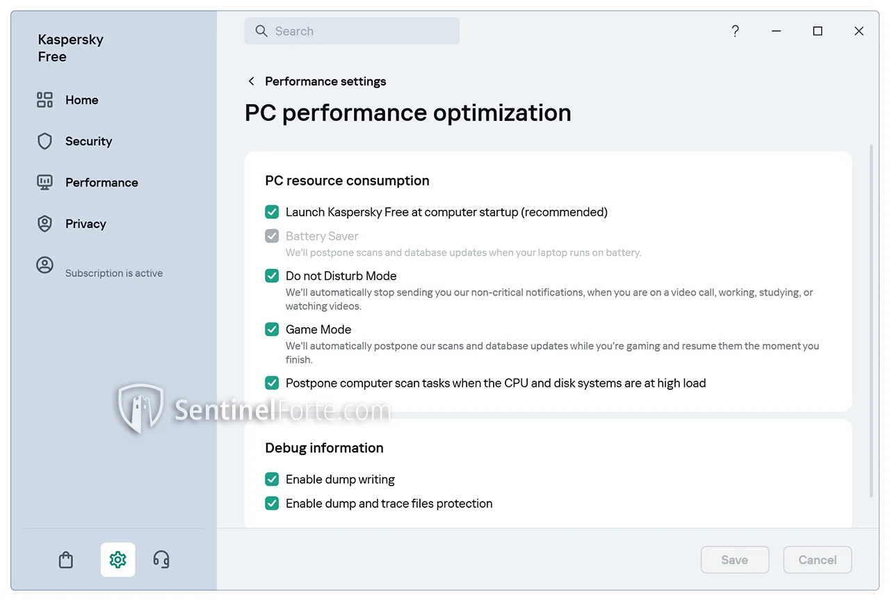 Kaspersky Free Antivirus 2025 settings screenshot with pc performace optimization