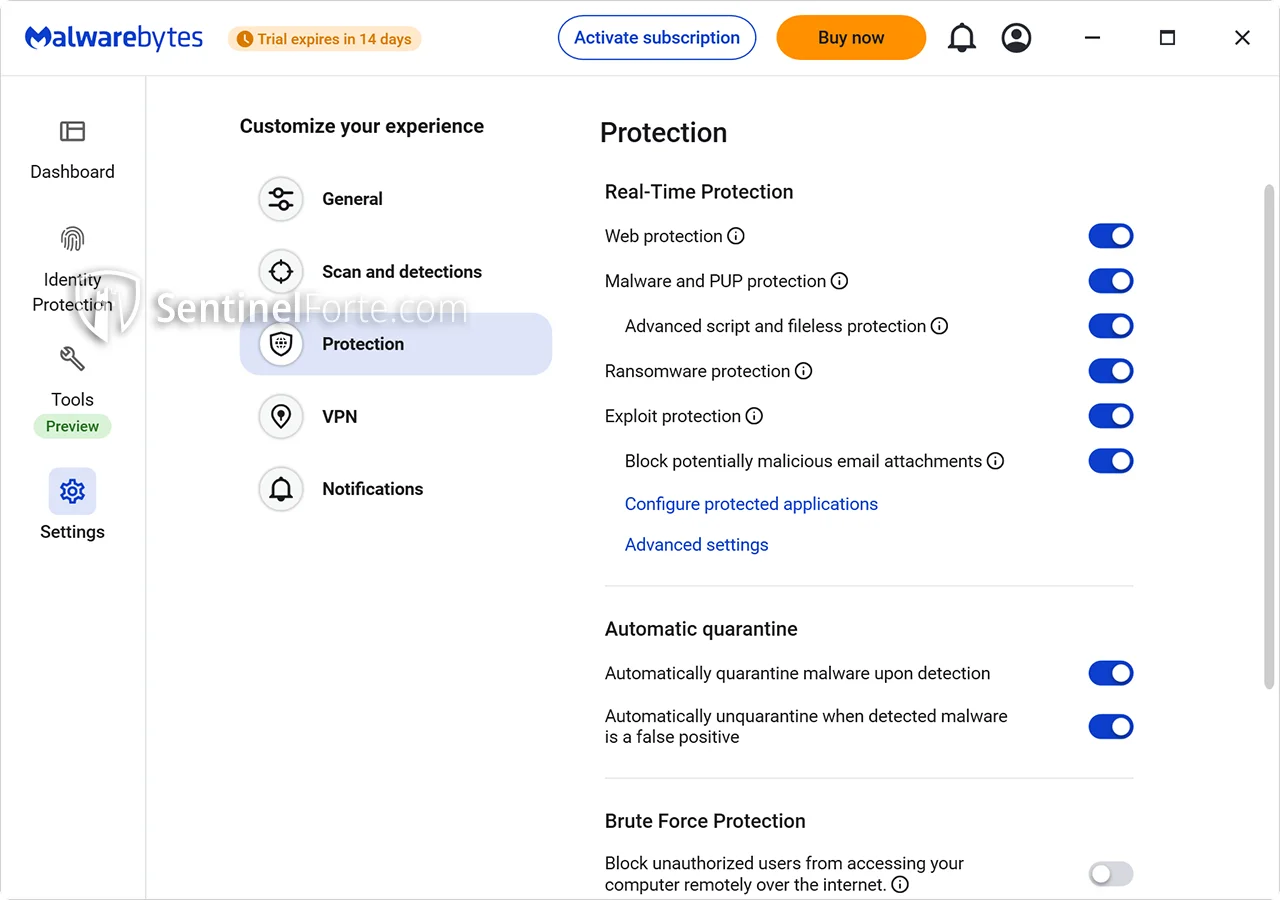 Malwarebytes Free 2025 protection settings screenshot