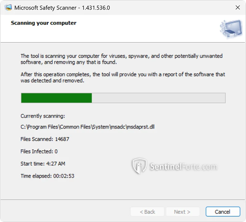 Microsoft Safety Scanner 2025 virus scan interface screenshot