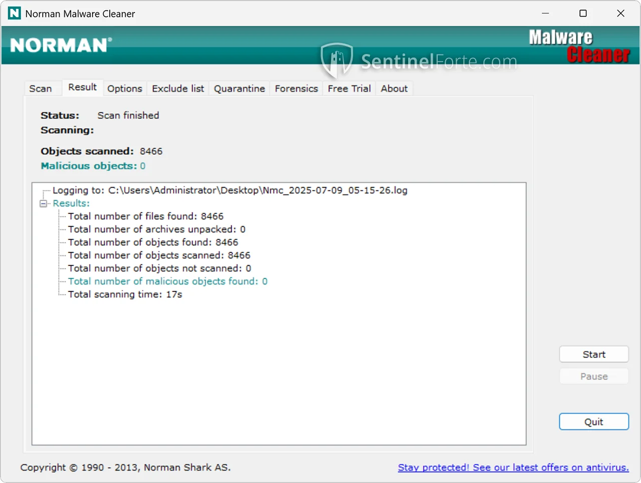 Norman Malware Cleaner 2025 scan results screenshot