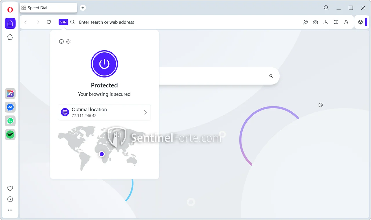 Opera Browser VPN 2025 dashboard screenshot showing quick connect interface