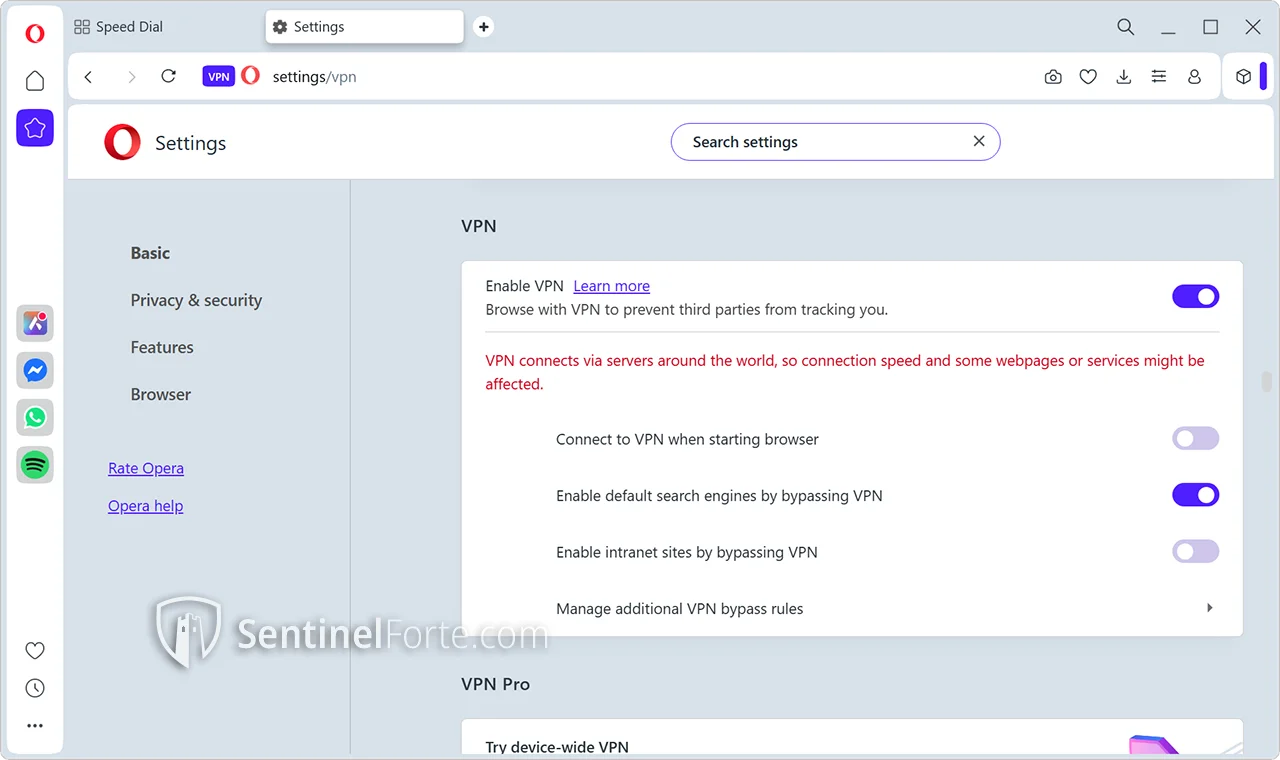 Opera Browser VPN 2025 settings screenshot 