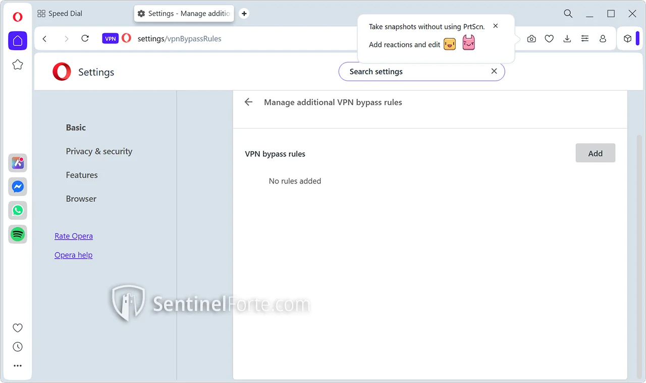 Opera Browser VPN 2025 bypass rules screenshot