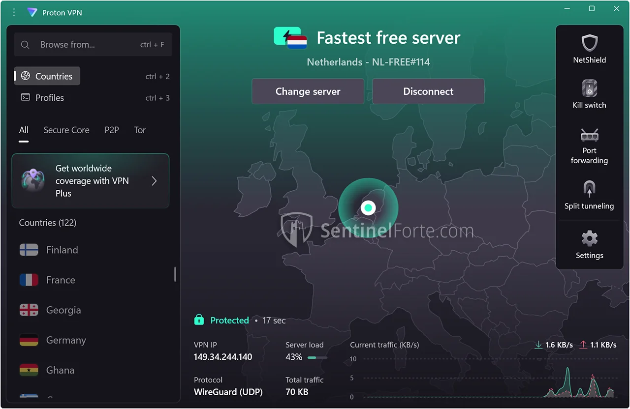 Proton VPN Free 2025 dashboard screenshot showing quick connect interface