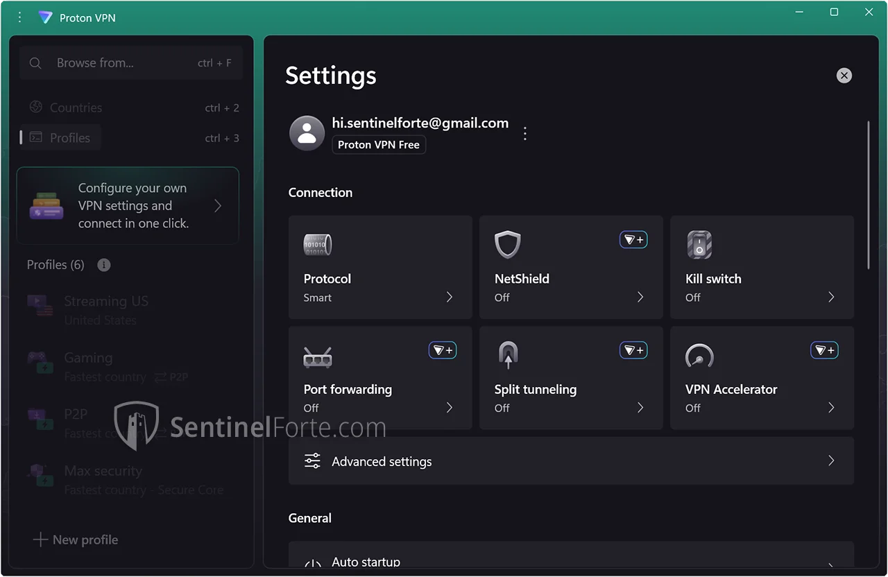 Proton VPN Free 2025 settings screenshot 