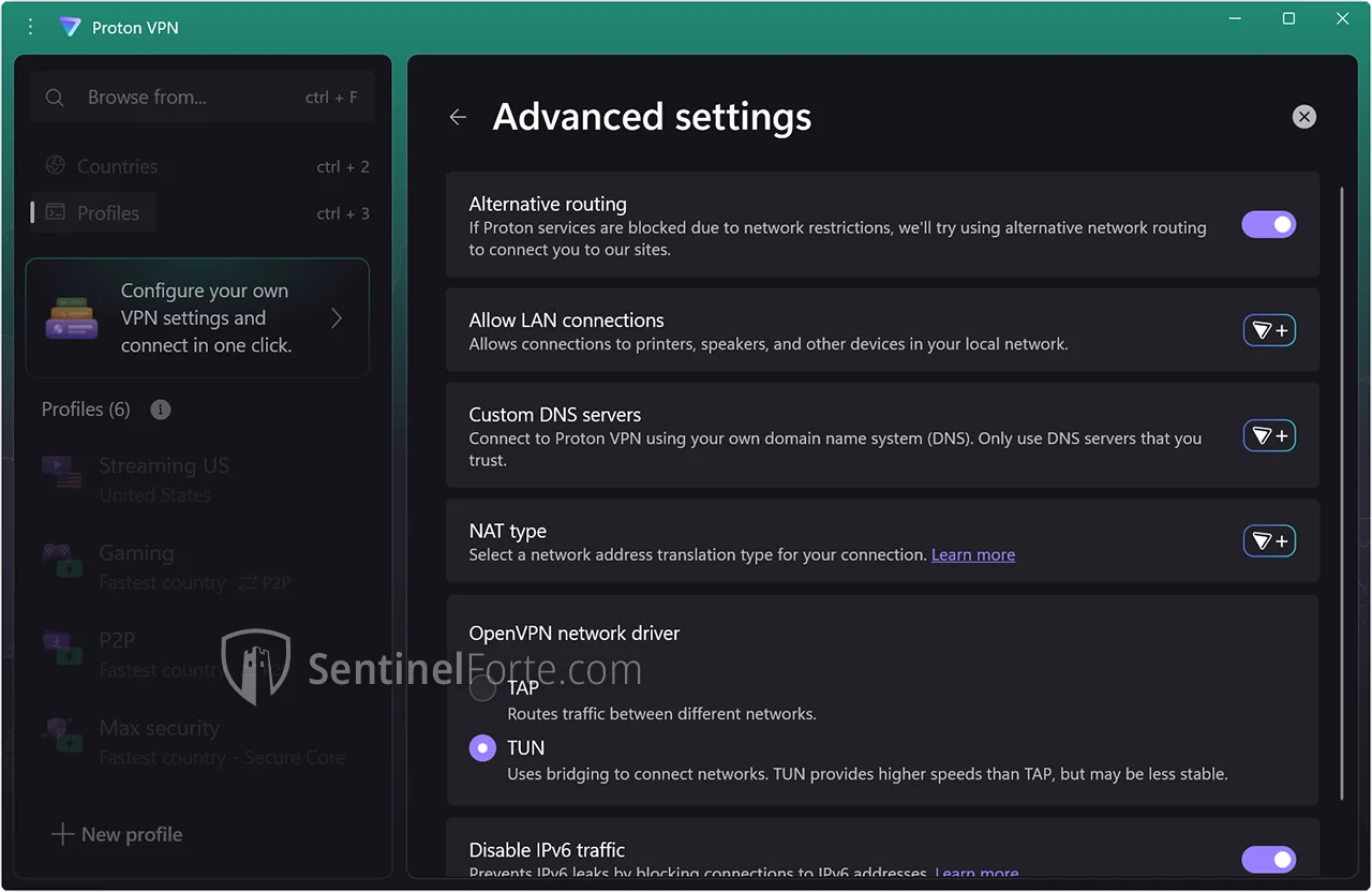 Proton VPN Free 2025 advanced  settings screenshot 