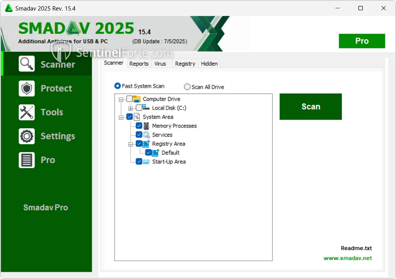 Smadav Antivirus 2025 dashboard screenshot showing protection status and scan button