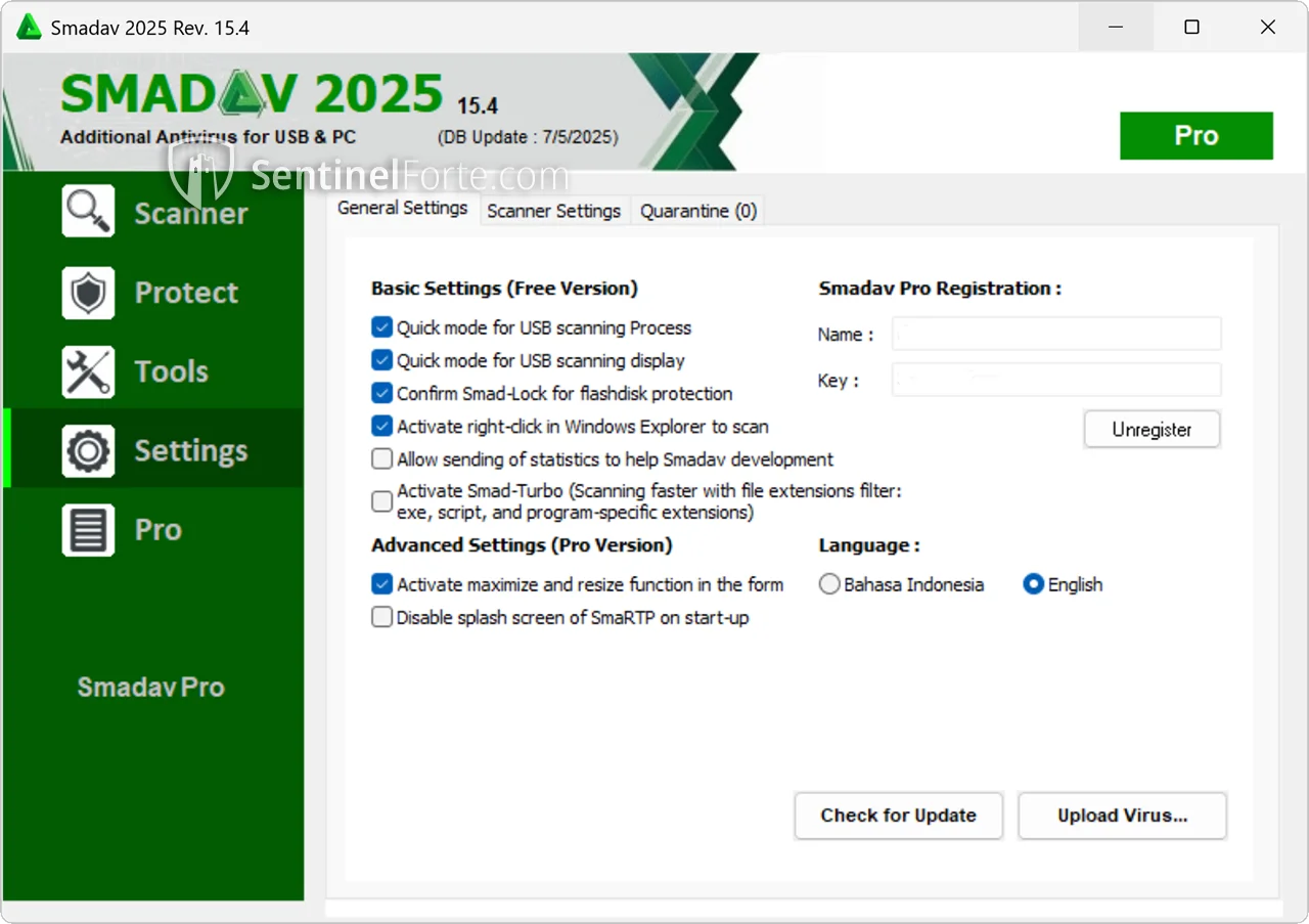 Smadav Antivirus 2025 settings interface screenshot