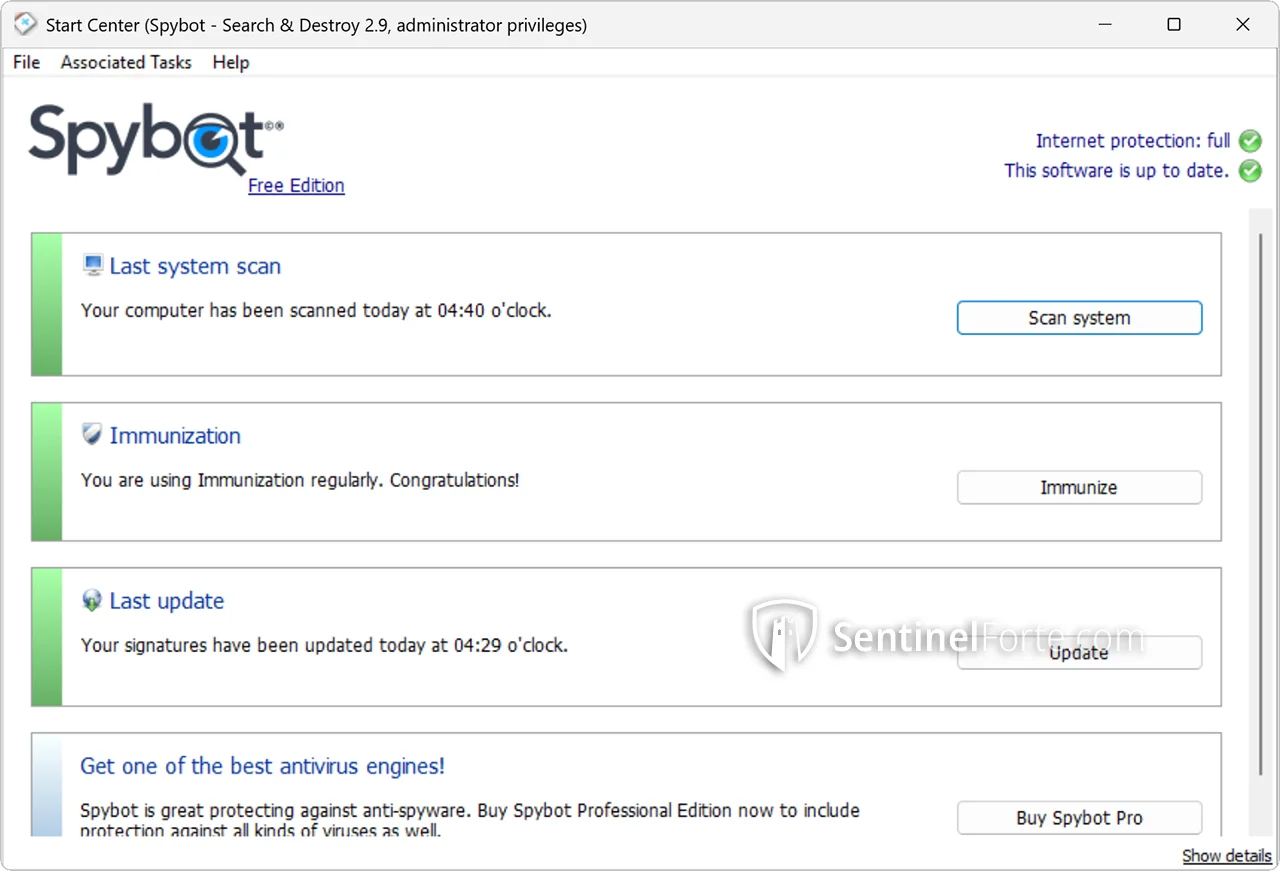 Spybot Search & Destroy Free 2025 dashboard screenshot