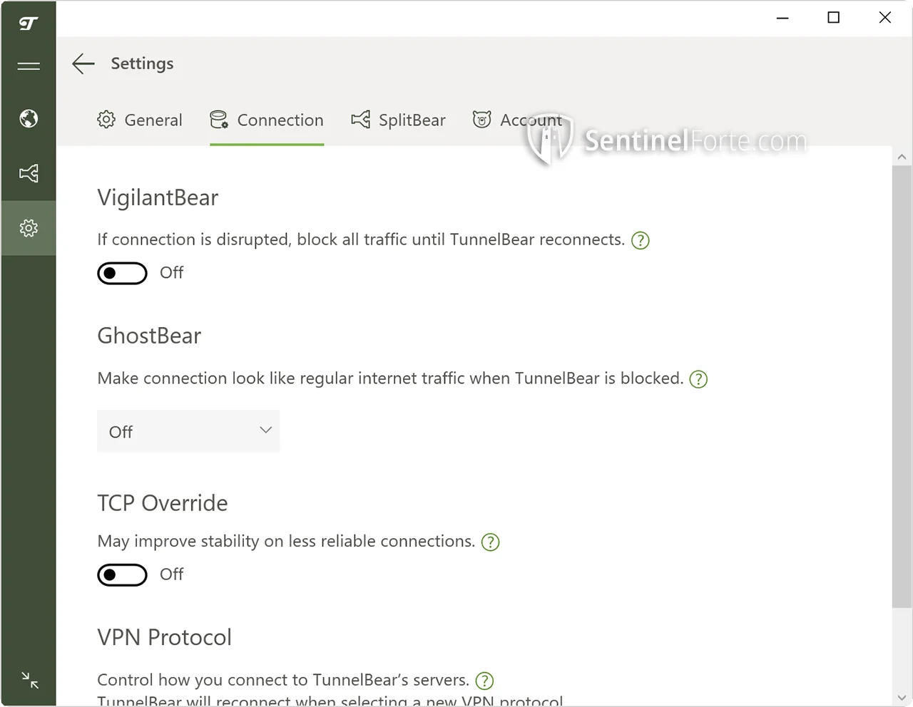 TunnelBear VPN Free 2025 configuration panel screenshot