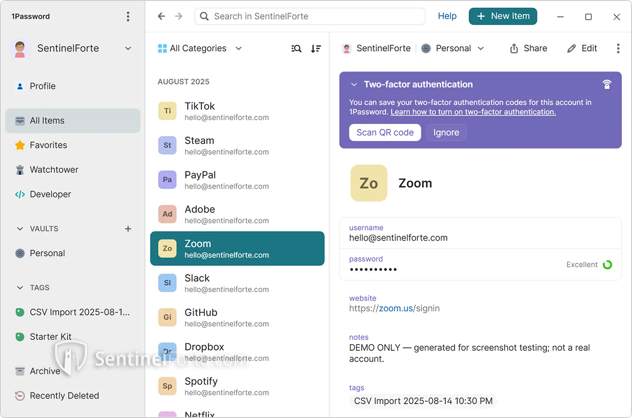 1Password dashboard screenshot showing saved logins and folders