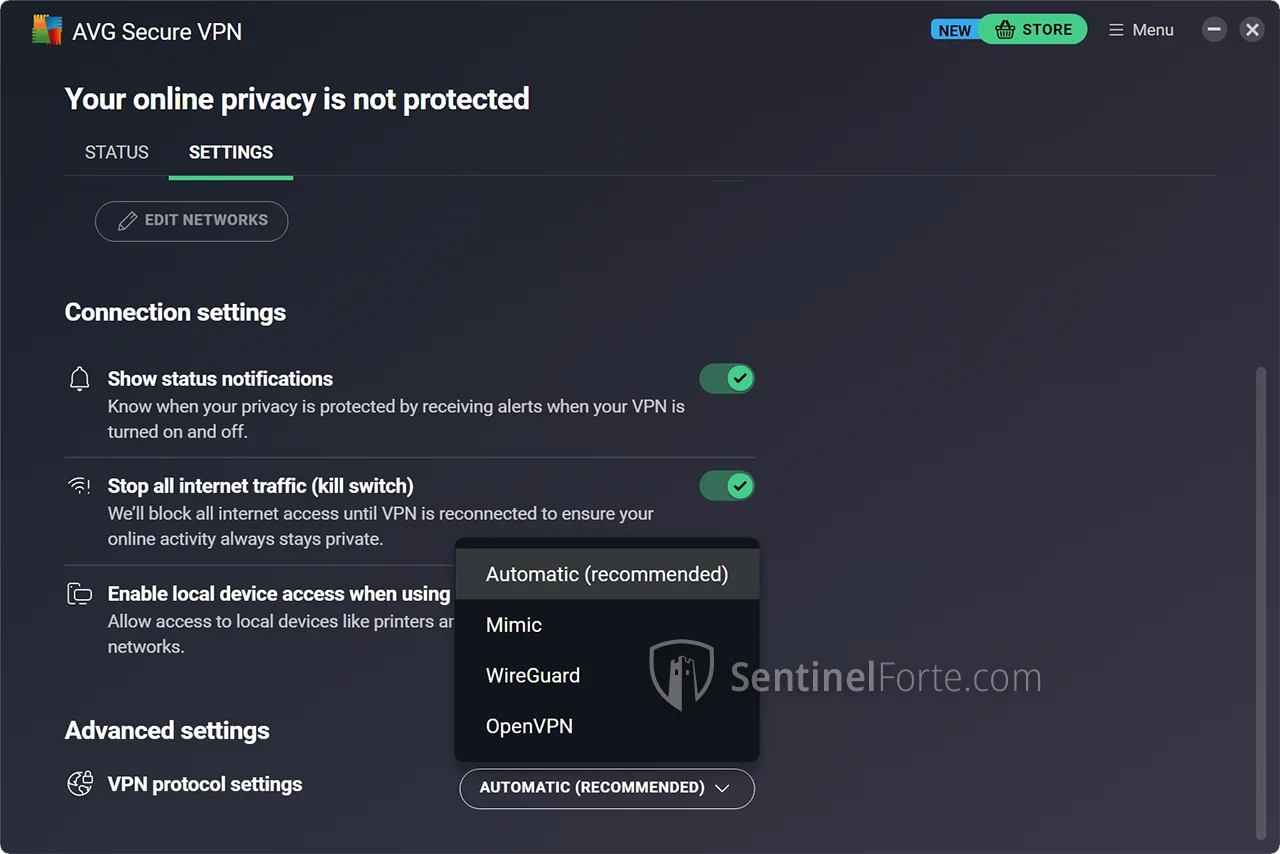 AVG Secure VPN 2025 settings screenshot