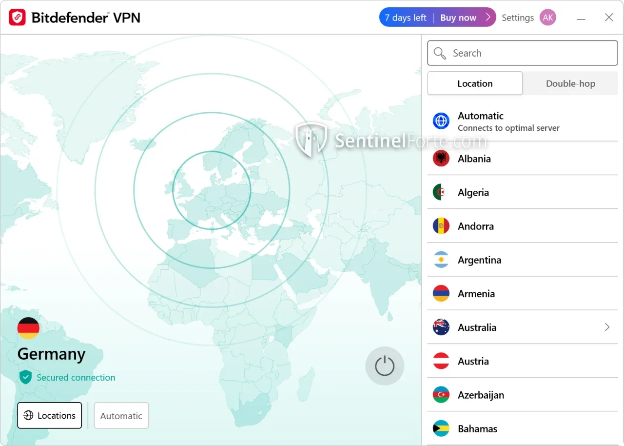 Bitdefender VPN 2025 server location menu screenshot