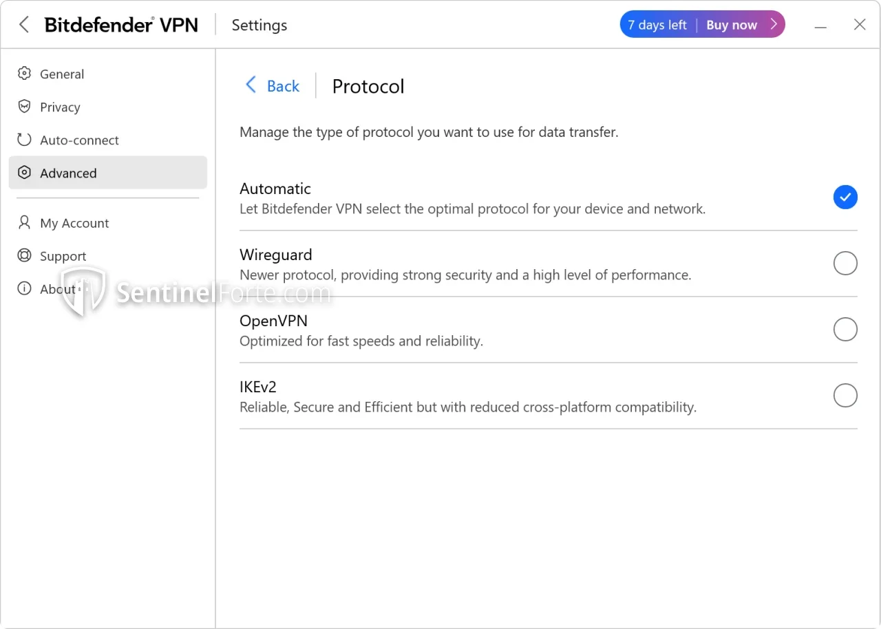 Bitdefender VPN 2025 advanced settings screenshot showing protocol