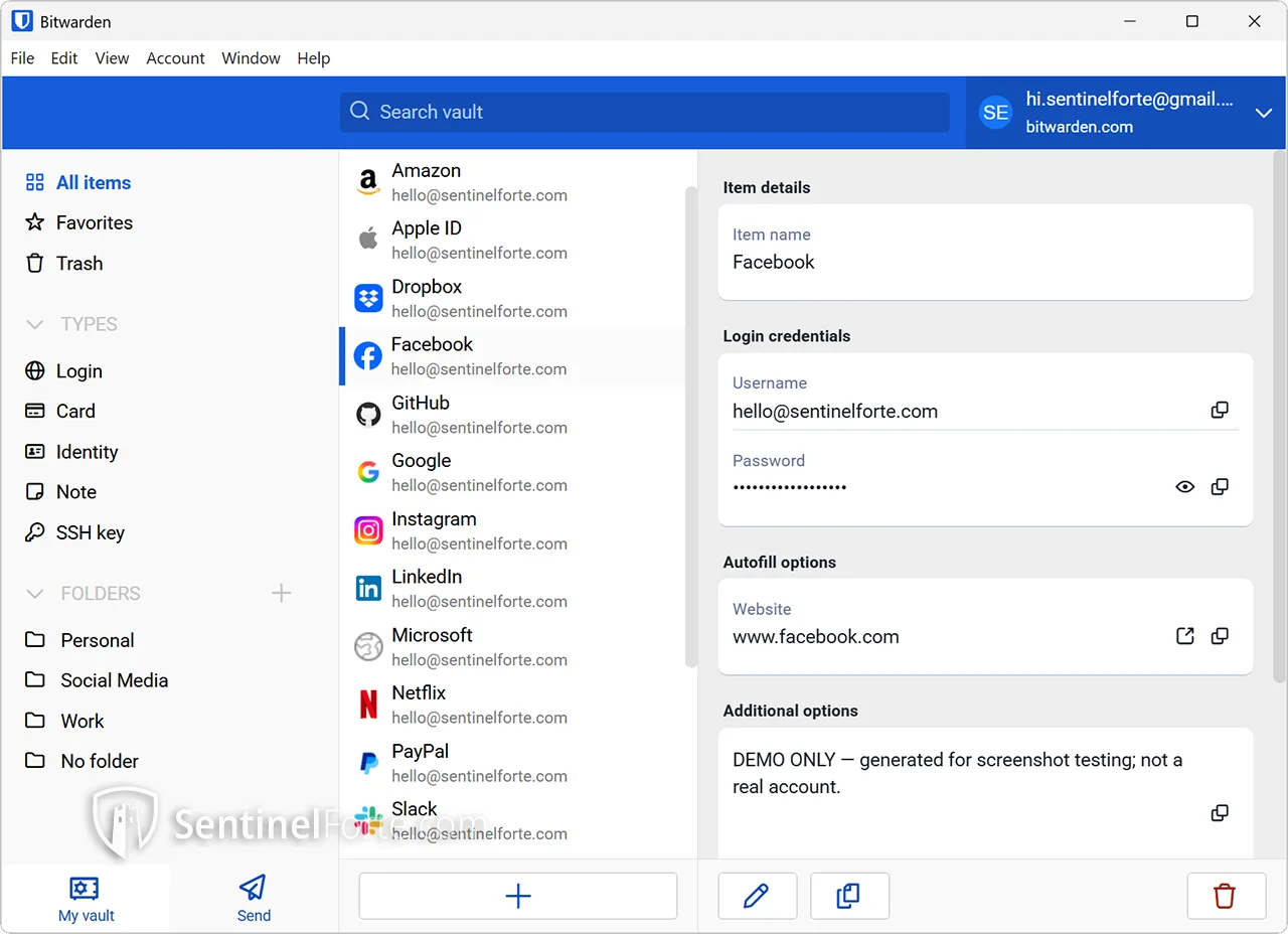 Bitwarden 2025 dashboard screenshot showing saved logins and folders