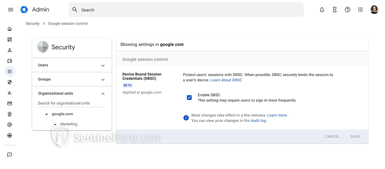 Device Bound Session Credentials (DBSC) Admin Screenshot
