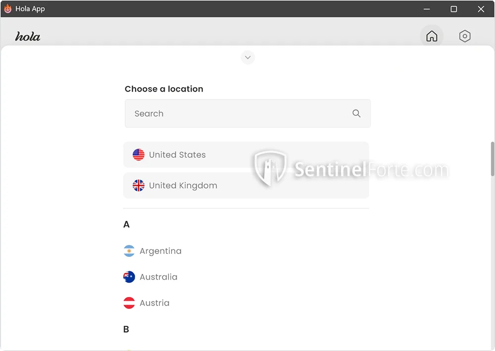 Hola VPN Free 2025 server location menu screenshot