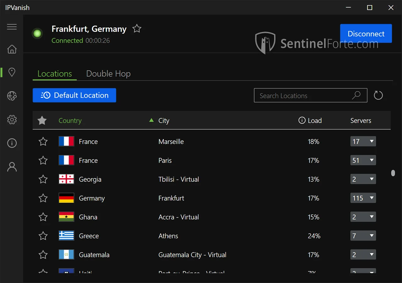 IPVanish VPN 2025 server location menu screenshot