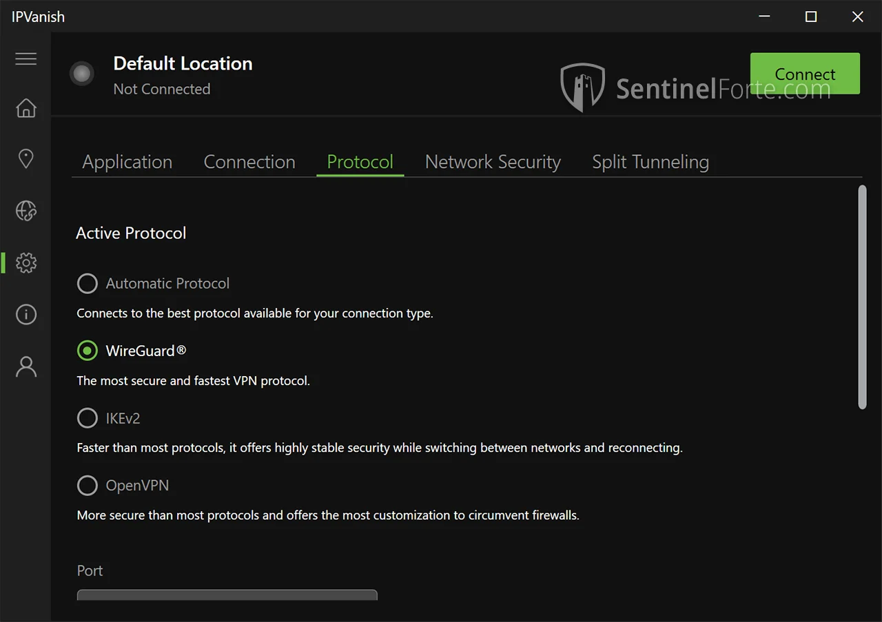 IPVanish VPN 2025 advanced settings screenshot showing protocol