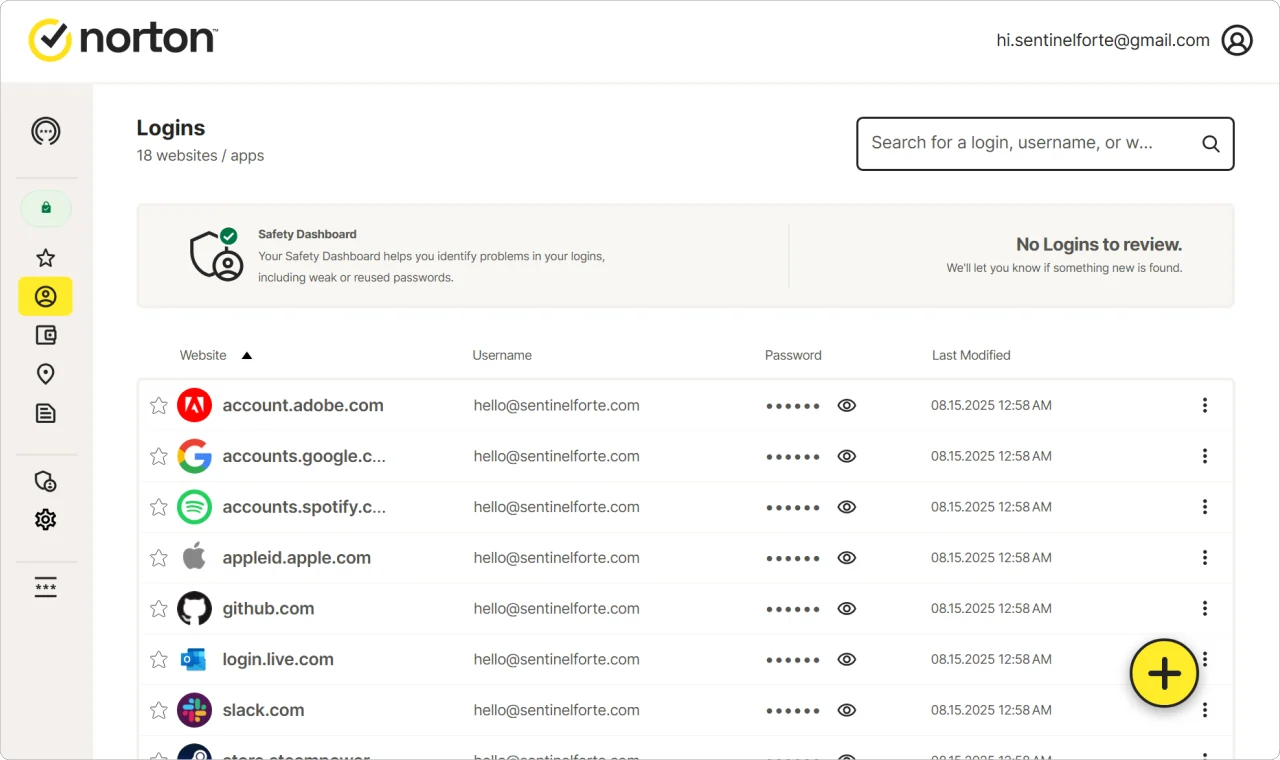 Norton Password Manager 2025 dashboard screenshot showing saved logins