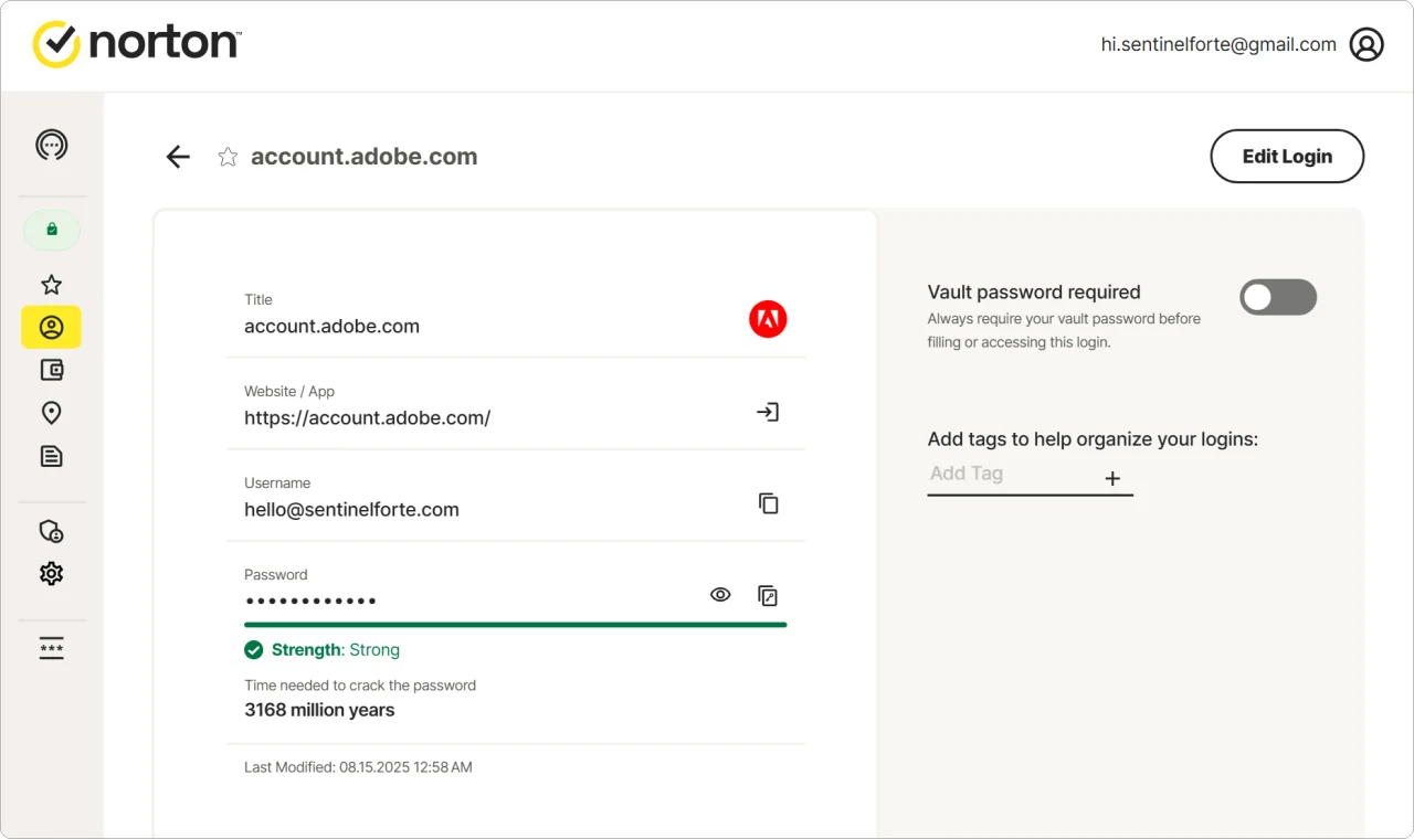 Norton Password Manager 2025 vault interface screenshot