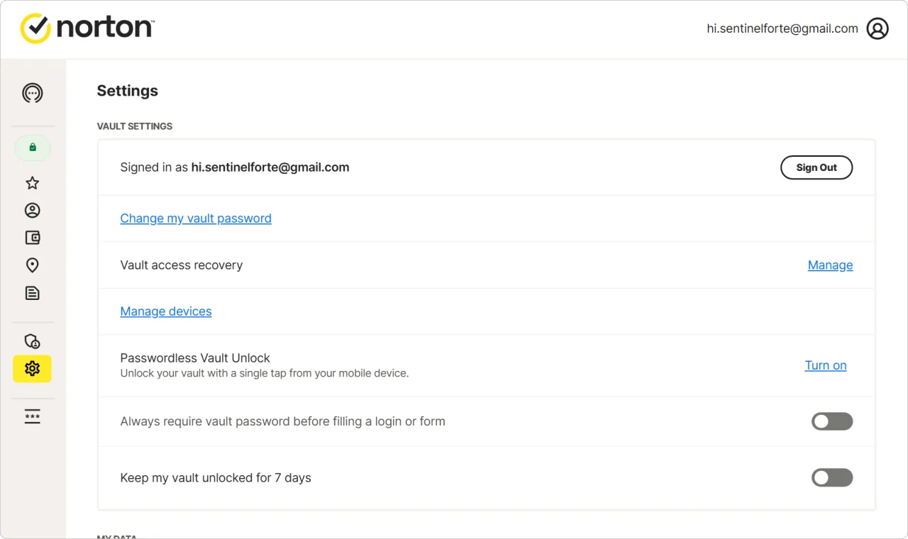 Norton Password Manager 2025 settings screenshot