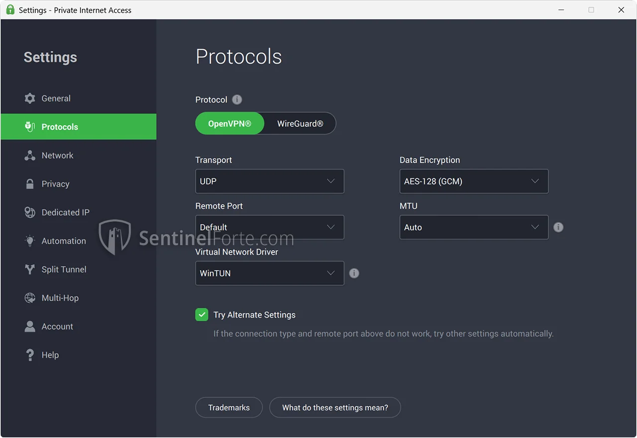 PIA VPN 2025 advanced settings screenshot showing protocol