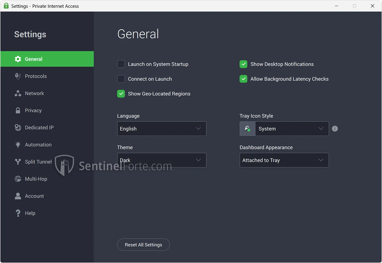 Private Internet Access VPN 2025 settings screenshot