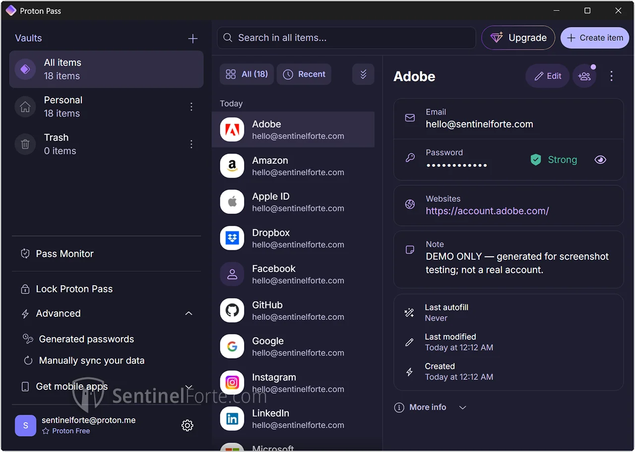 Proton Pass 2025 dashboard screenshot showing saved logins and folders