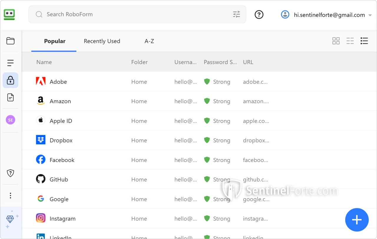 RoboForm Password Manager 2025 dashboard screenshot showing saved logins
