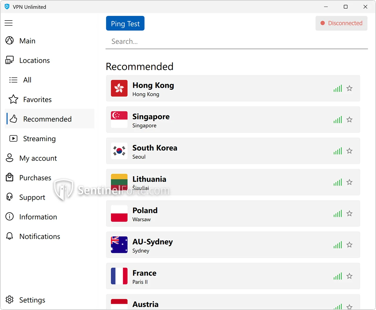 VPN Unlimited Free 2025 server location menu screenshot