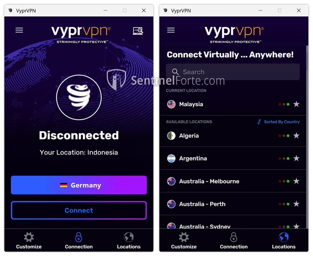 VyprVPN 2025 main interface screenshot