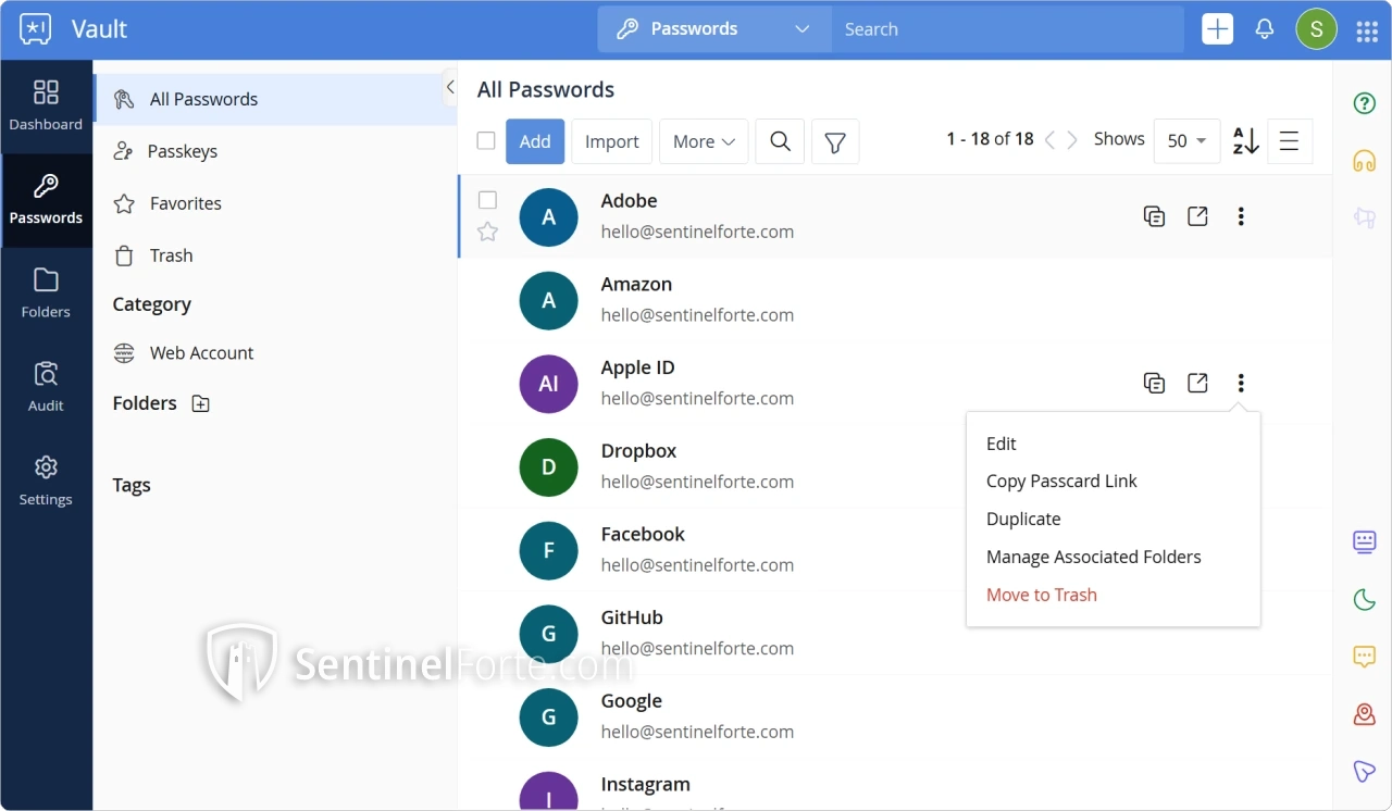 Zoho Vault Password Manager 2025 ashboard screenshot showing saved logins